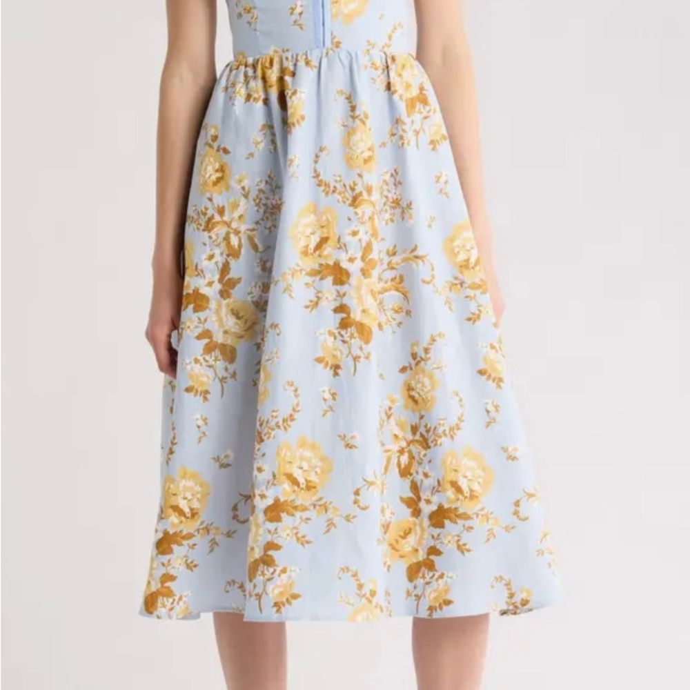 Reformation Light Blue and Gold Floral Midi Dress